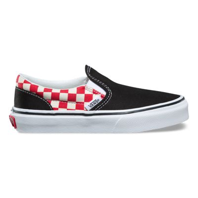 vans checkerboard slip on red and black