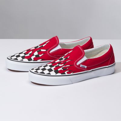 black and white checkered vans with red drip