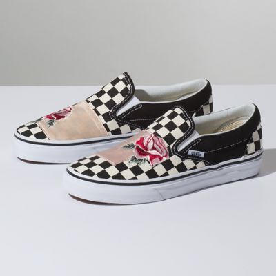 grey checkered vans with roses