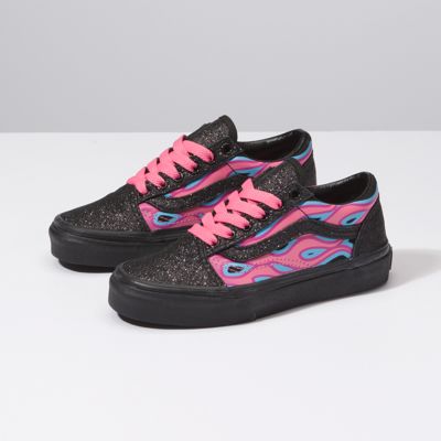 vans old skool sparkle flame pink & black skate shoes