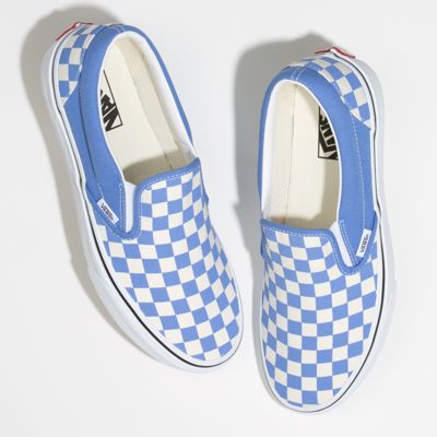 light blue checkered slip on vans 