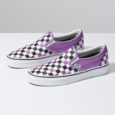 purple checkerboard slip on vans