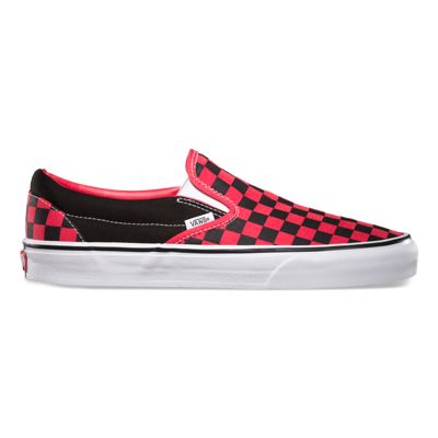 red and black checkerboard slip on vans