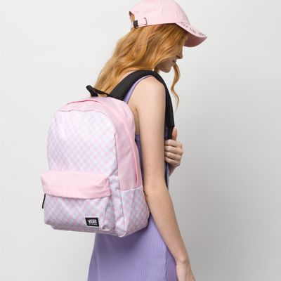 vans realm pink checkerboard backpack