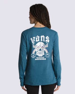 Rainbow Skull Long Sleeve Boyfriend T-Shirt(Vans Teal)