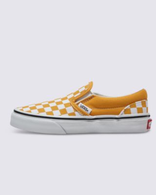 Vans Kids Classic Slip-on Checkerboard Shoes (4-8 Years) (color Theory Checkerboard Golden Glow) Kids Yellow