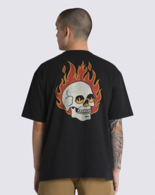 Flaming Skull Washed T-Shirt(Black)