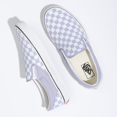 grey and white checkered slip on vans