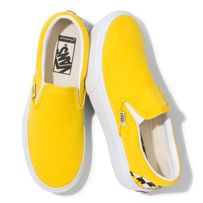 mustard yellow checkerboard slip on vans