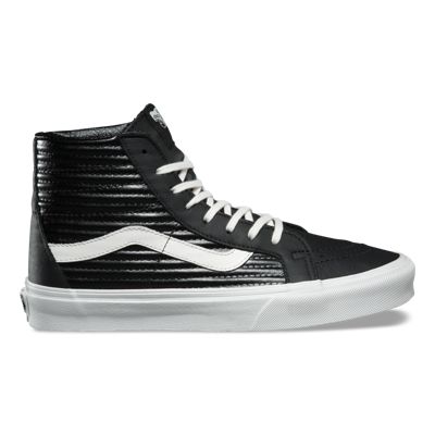 black and white leather high top vans
