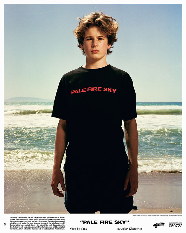 Young man wearing black tee shirt with text of Pale Fire Sky in red letters