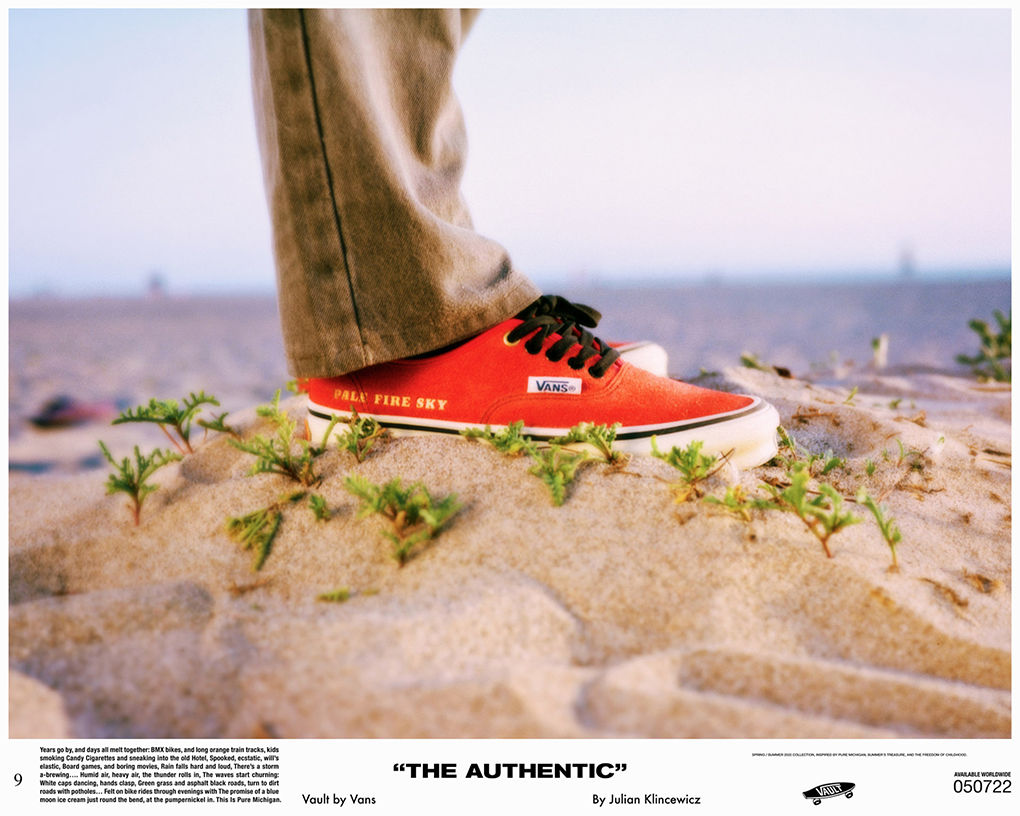 Red Vans Authentic Shoe with Pale Fire Sky text
