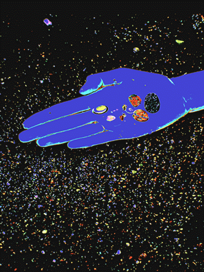Blue drawn hand holding small colorful circular objects on black and color speckled background