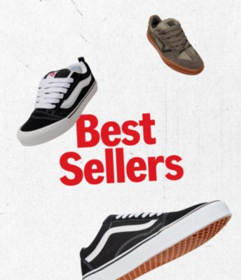 Vans best sellers black and white old skool shoe, vans black and white knu skool shoe, vans brown upland shoe with brown gumsoles.