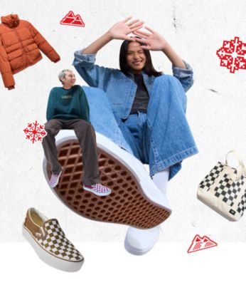 Vans holiday campaign collage with a guy in a green Vans crew neck sweatshirt with purple checkerboard slip on shoes, a girl in a denim button down shirt and jeans, and floating product including Vans Orange puffer jacket, Vans brown checkerboard slip on platform shoes, Vans Pergs black and white checkerboard tote bag. 