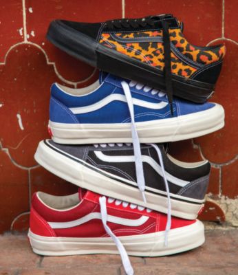 One image of Vans Old Skool premium shoes in cheetah print, blue, red and grey and a second image with the Paranoyds band performing.