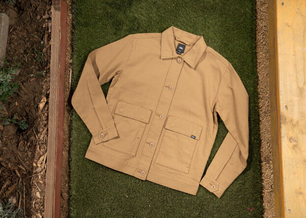 Overview shot of a tan jacket from The Lizzie collection.