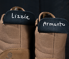 Heels of The Lizzie shoe with Lizzie Armanto written on them