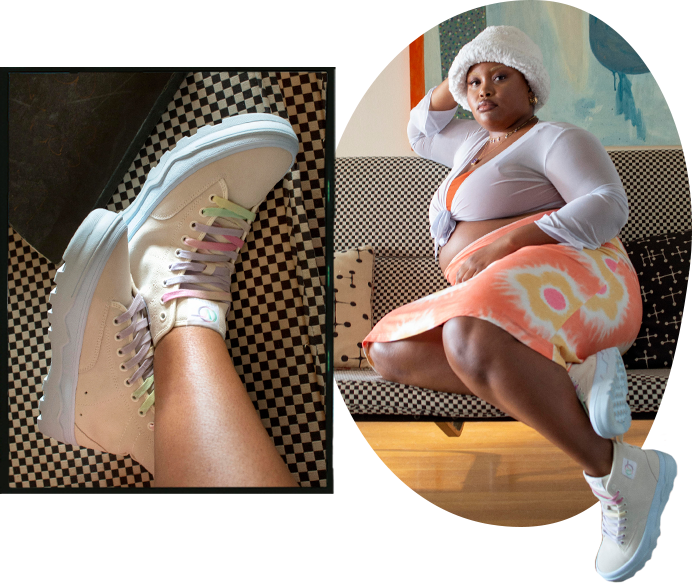 An image on Ifeoma's Vans Sentry WC shoes and another of Ifeoma sitting on the couch