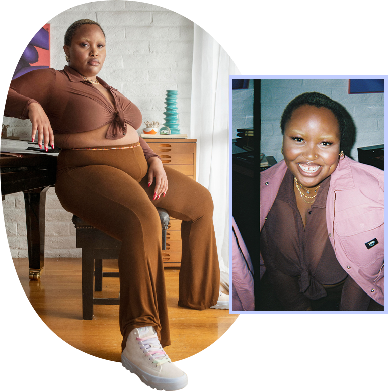 2 images combined. Ifeoma sitting on a chair and a portrait style of Ifeoma smiling