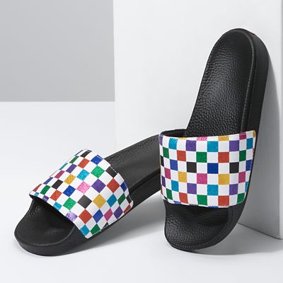 Rainbow checkerboard vans slides best sale