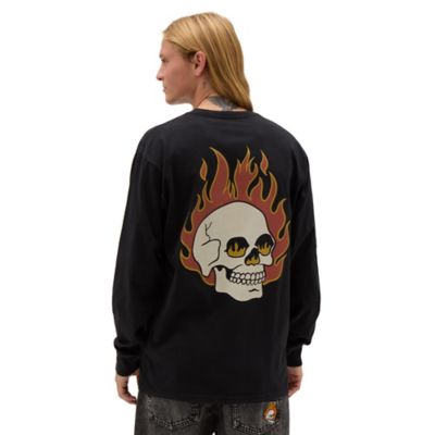 Flaming Skulls Washed Long Sleeve T-Shirt | Black | Vans