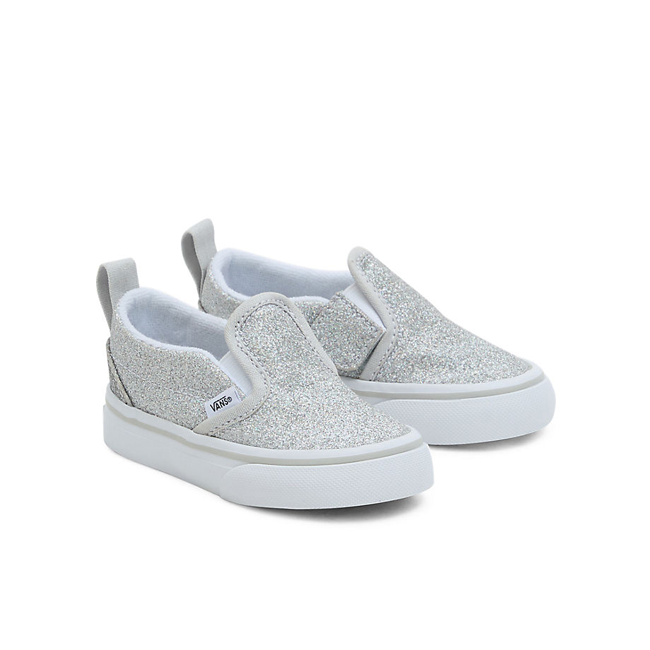 Vans Toddler Slip-on Hook And Loop Glitter Shoes (1-4 Years) (silver/true Whi) Toddler Grey
