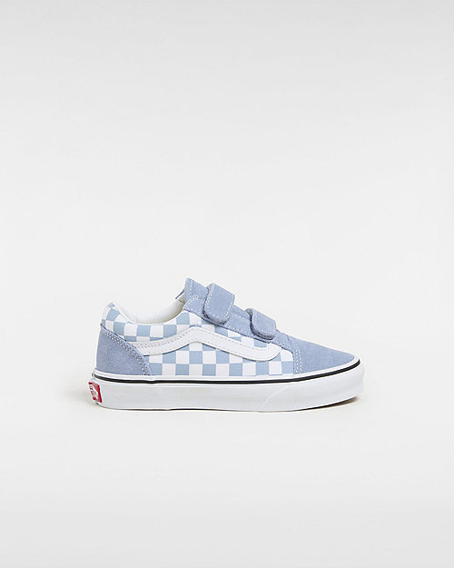 Vans Kids Old Skool V Checkerboard Shoes (4-8 Years) (color Theory Checkerboard Dusty Blue) Kids White