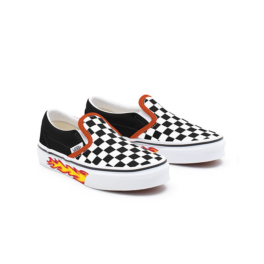 Vans Kids Customs Checkerboard Flame Slip-on Shoes (4-8 Years) (black) Kids Black
