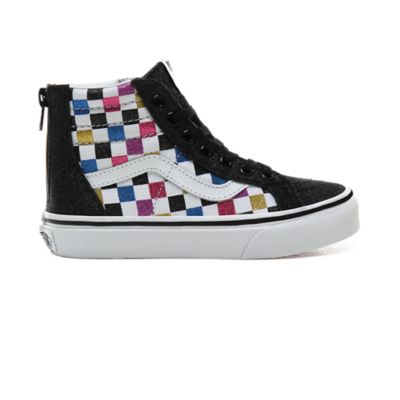 Kids Glitter Checkerboard Sk8-Hi Zip Shoes (4-8 years) | Black | Vans