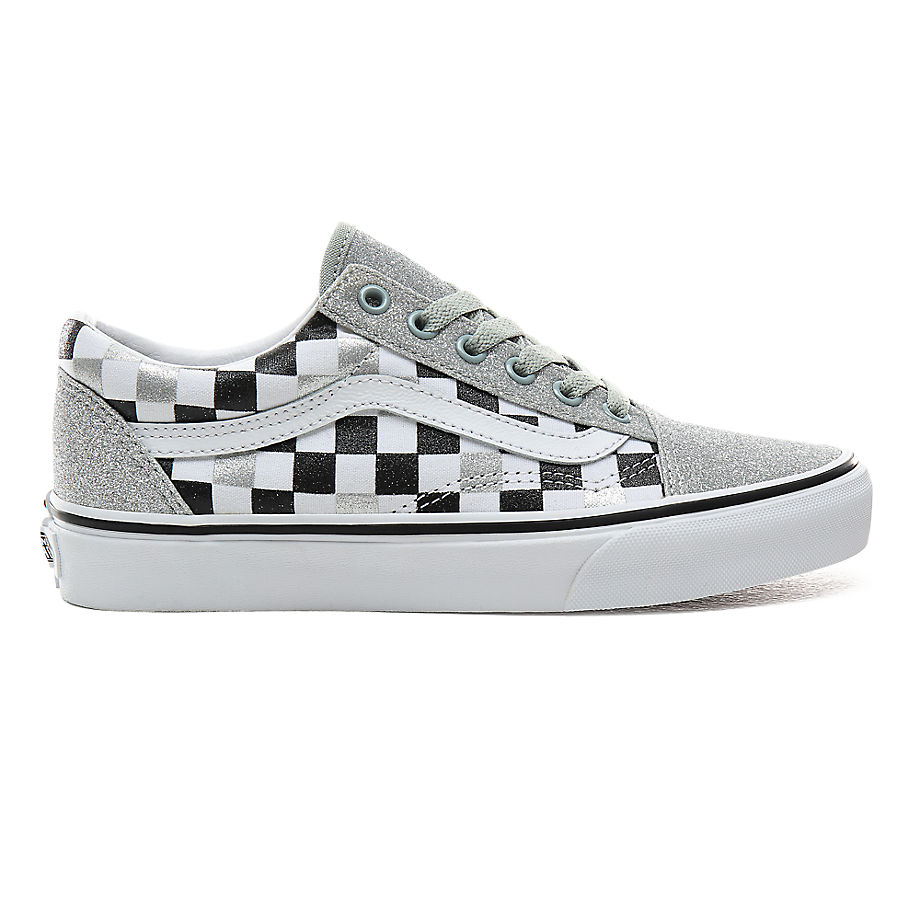 VANS Chaussures Glitter Checkerboard Old Skool ((glitter Checkerboard) Silver/true White) Femme Silv