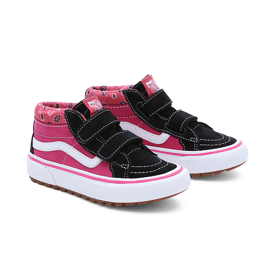 Vans Kids Paisley Sk8-mid Reissue Mte-1 Hook And Loop Shoes (4-8 Years) (black/pink) Kids Pink