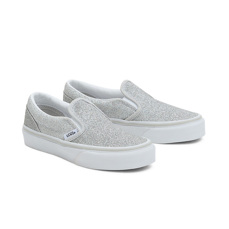 Vans Kids Classic Slip-on Glitter Shoes (4-8 Years) (silver/true Whi) Kids Grey